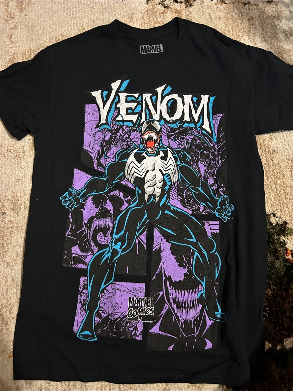 Marvel Venom Comic Panel Graphic Tee - Black with Purple & Blue Accents